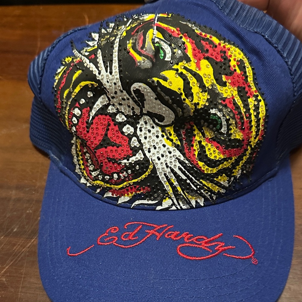 Ed Hardy Blue Cap with Yellow, Red and Black Rhinestone Tiger